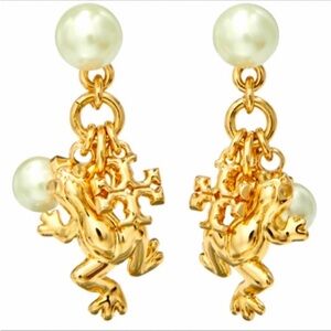 Tory Burch Gold  Kira , Frog and Pearl charms Drop Earrings